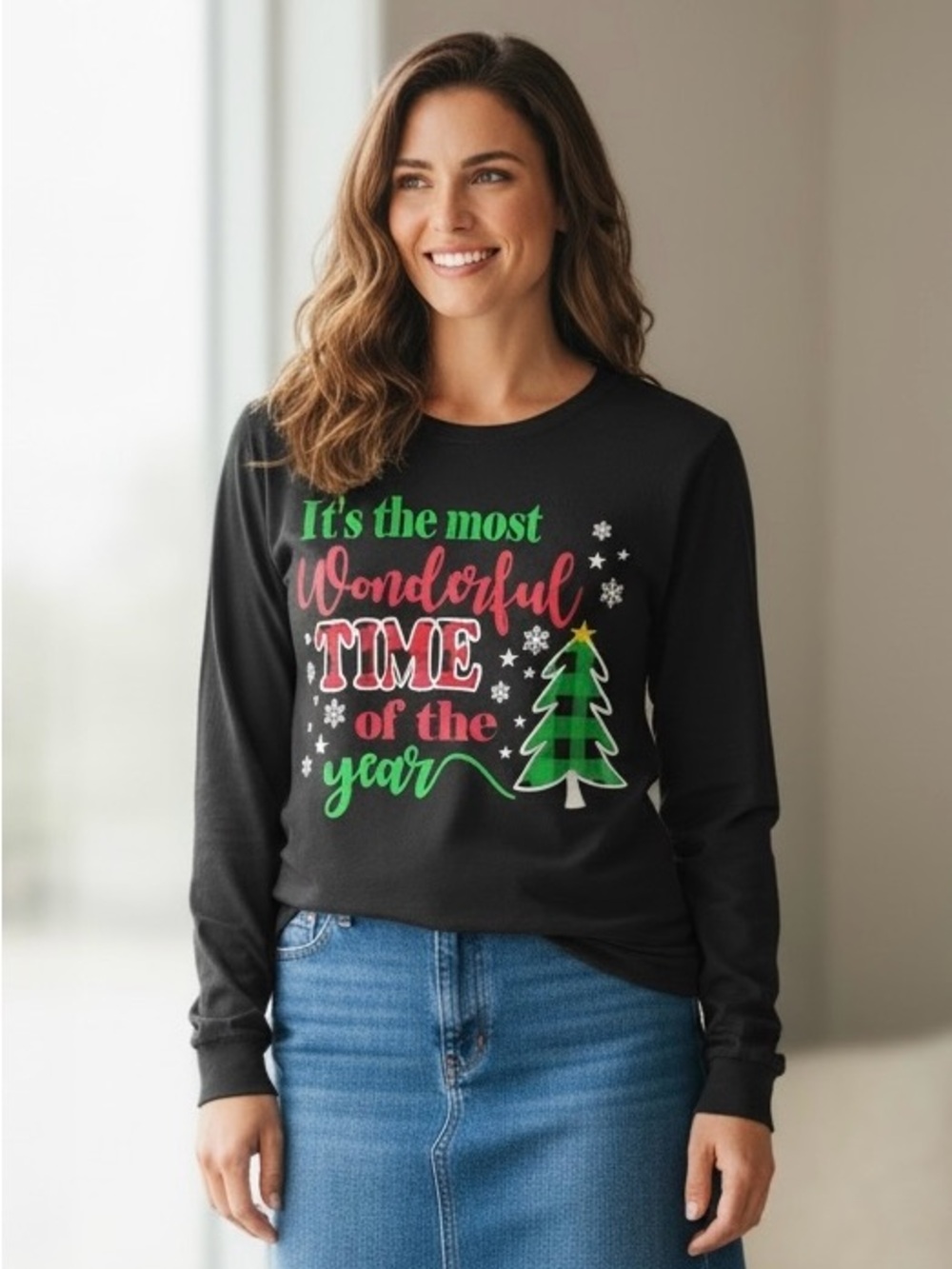 Women's Black Long Sleeve Holiday Graphic Tee - It's the Most Wonderful Time